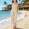 thumbnail image 2 of FAVIPT Kids 2 Piece Outfits Girls Summer Sleeveless Crewneck Linen Tank Tops Straight Wide Leg Pants Casual Solid Loose Sets Beige,5 Years, 2 of 9