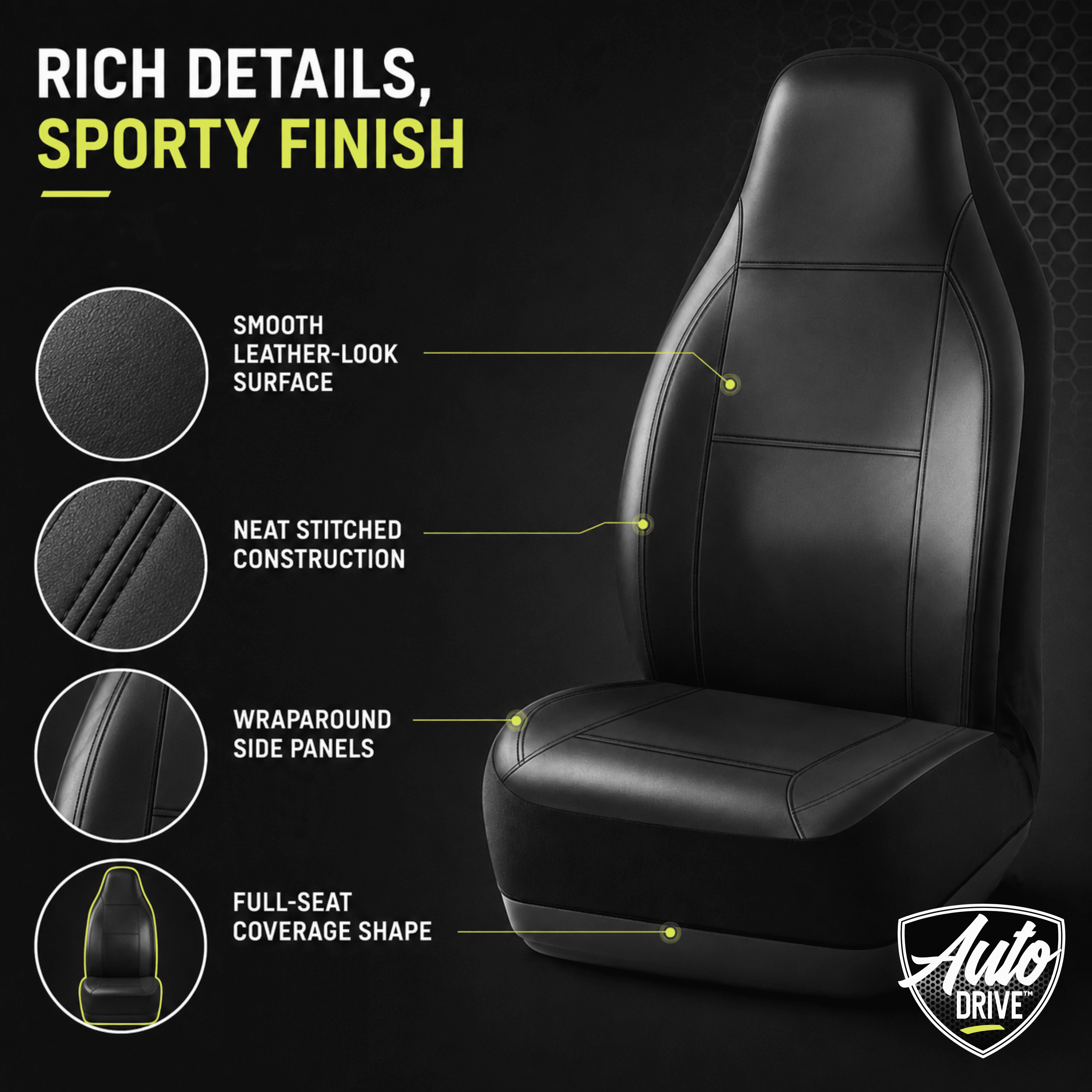 Auto Drive Car Seat Cover,High Back Full Leather Seat Protector Front Seat, Premium Comfortable Anti-Slip, Airbag Compatible Universal Fit for Cars SUVs Trucks,Black