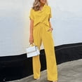 thumbnail image 2 of JGGSPWM Women's Short Sleeve Button down Solid Two Piece Set Plus Size Drawstring Wide Leg Pants Elegant Going out Casual Set Yellow XXXXL, 2 of 6