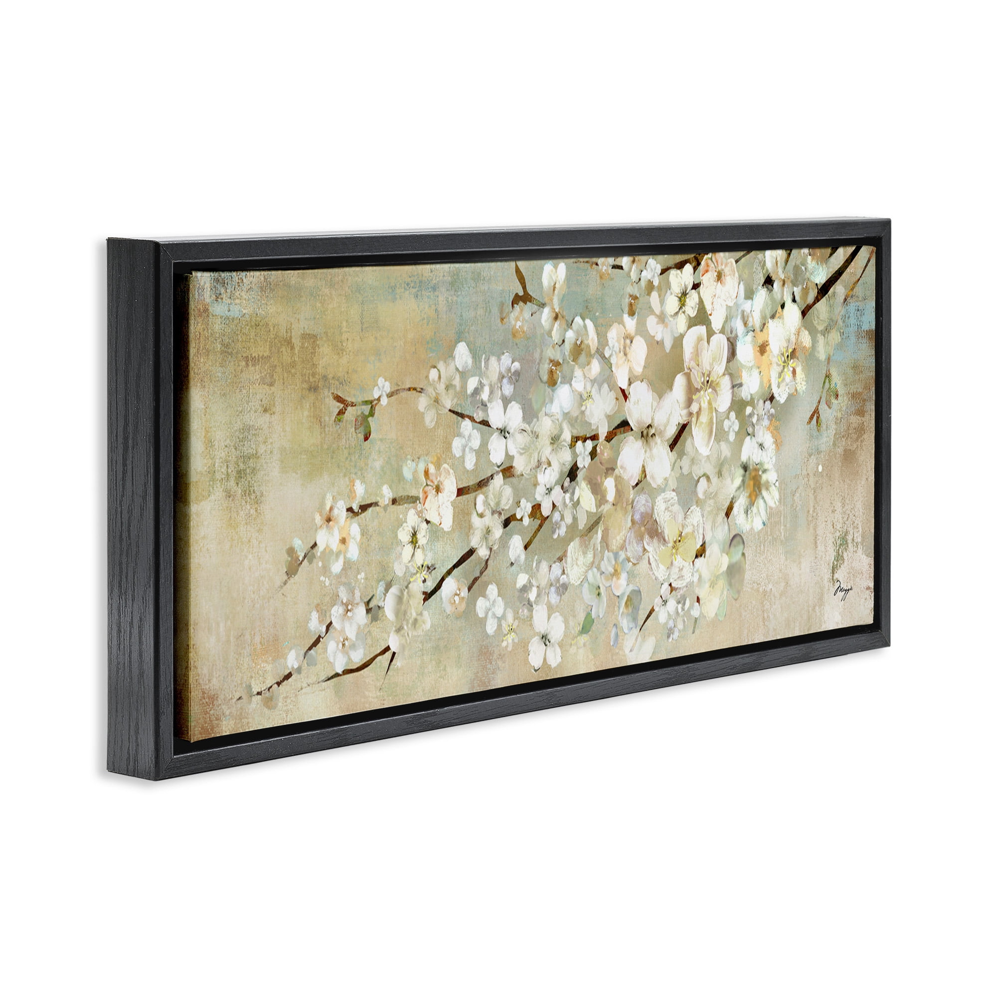 Stupell Industries Blooming Flower Tree Branch Painting Botanical & Floral Painting Black Floater Framed Canvas Art Print Wall Art, 25 x 11