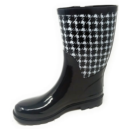 Women Mid-Calf 11'' Houndstooth Pattern Rubber Rain Boots, Size