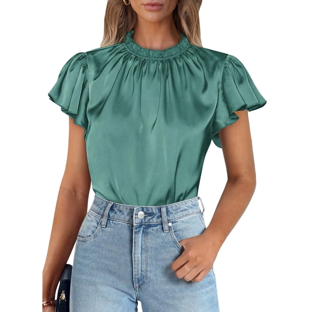 Blusa de Mujer PRETTYGARDEN de Satén con Volantes y Manga Corta Verde Aqua XXL