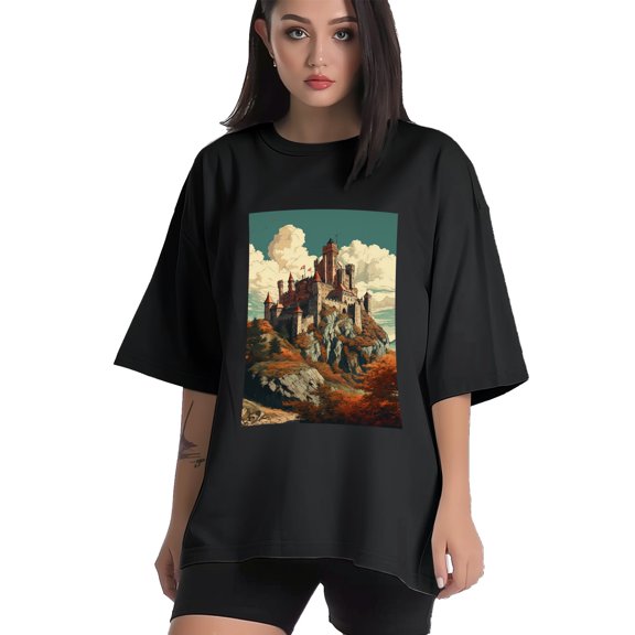 Plus Size Shirt for Women Black Tops for Women Short Sleeves Shirt for Women Castle (99） T Shirt Crewneck Shirt for Women XS