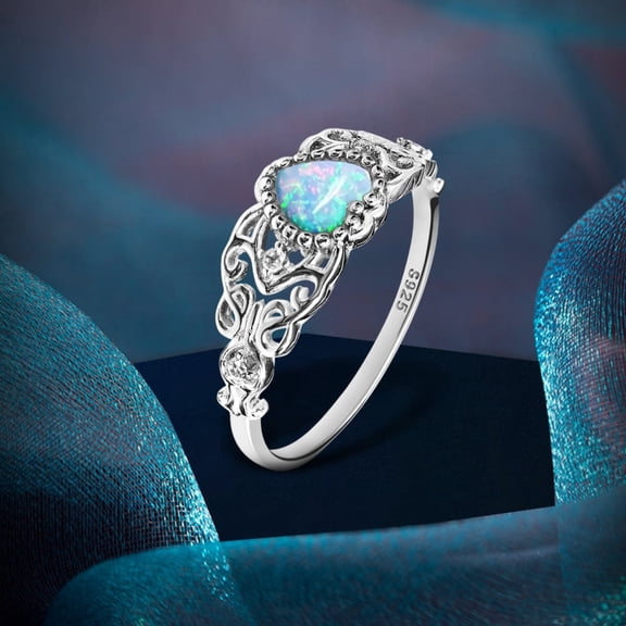 KIJ Celtic Knot Filigree Heart Opal Ring, Hypoallergenic 14K White Gold Plated 925 Sterling Silver Vintage Daily Jewelry Gifts for Women