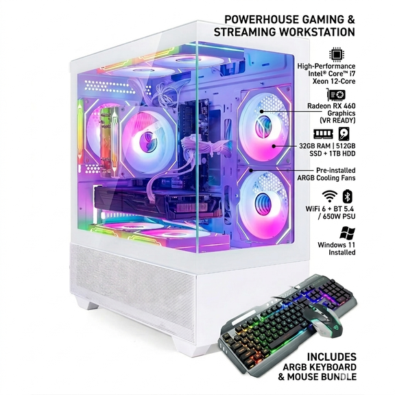 Prebuilt White Gaming PC Desktop - Xeon E5 10-Core, Radeon RX 460, 32GB RAM, 512GB SSD 1TB HDD, WiFi 6 & BT 5.4, 8 RGB Fan, Win11, RGB KB & Mouse