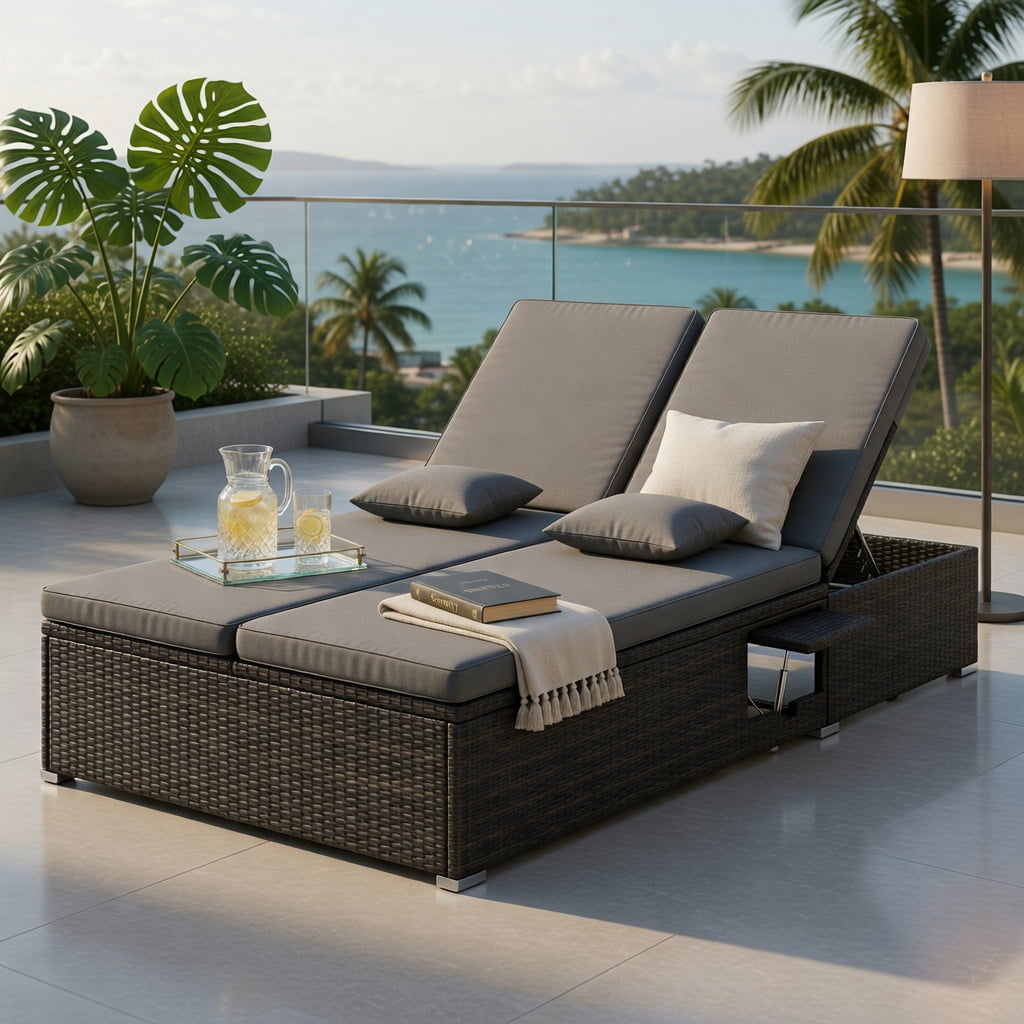 Hommoo Double Chaise Lounge Chair with Adjustable Backrest, PE Rattan Outdoor Patio Lounger Set, Folding Side Tables, Gray