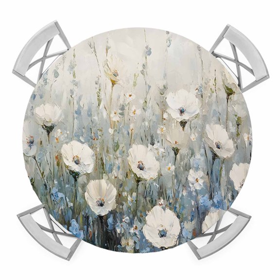 White Floral Round Tablecloth for 55-60 Inch Tables, Fitted Table Cover with Elastic Edge, Modern Farmhouse Oil Painting Plants Waterproof Outdoor Table Cloth Protector for Patio Garden Dinner Picnic