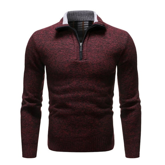 SWSMCLT Men's Fashion Winter Polo Shirt Long Sleeve Top Soft Sweater Cable Knit Zip Knit Thermal Half Zip Cozy Burgundy Medium
