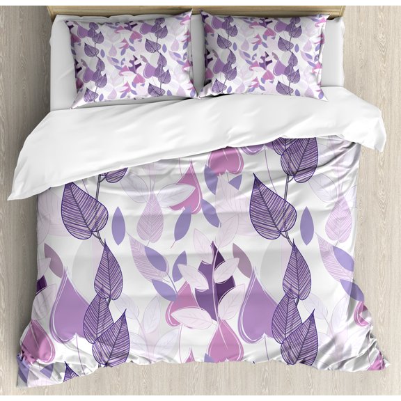 Ambesonne Floral Duvet Cover Set, Foliage Leaves Purple, King, Lavender Lilac Beige