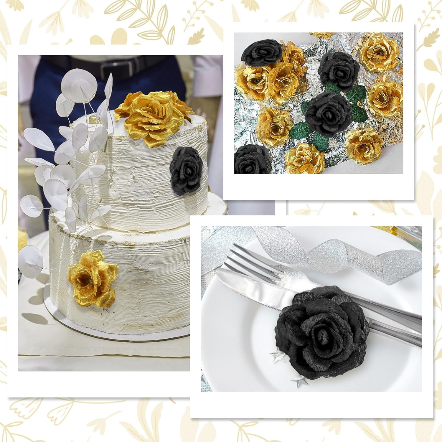108pcs Roses Head Flowers with Stem - Black & Gold Graduation Artificial Flowers Rose Bulk - Silk Rose Fake Flower for Wedding Bouquet Decor DIY Baby Shower Centerpieces Grad Party Tables Decoration