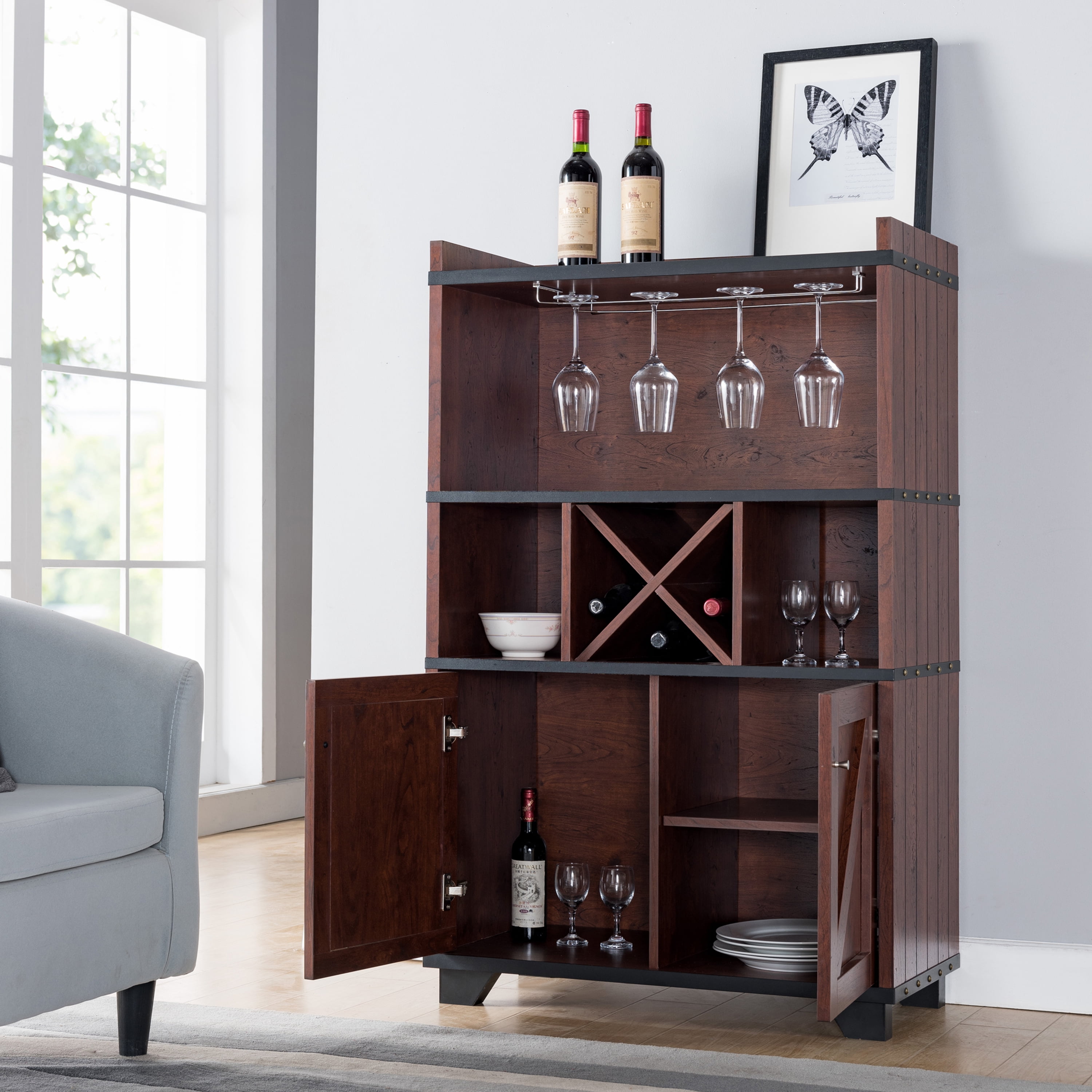 Furniture of America Bann Multi-Storage Wine Cabinet, Vintage