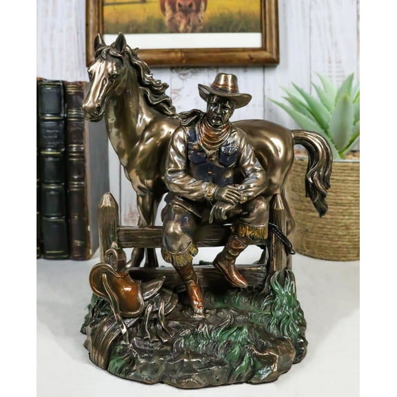 Rustic Western Desert Tranquility Cowboy Sitting By Fence And Horse Figurine