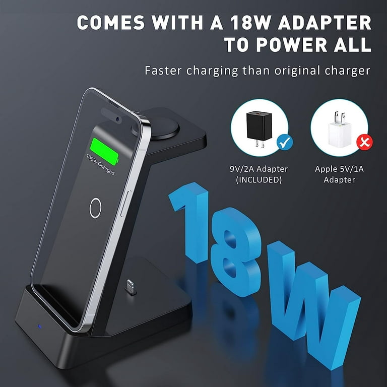 Wireless Charger,3 in 1 Wireless Charger for iPhone,18W Fast Charger Pad Stand for Apple iWatch Series SE 8/7/6/5/4/3 AirPods Pro/3/2 and iPhone 15/14