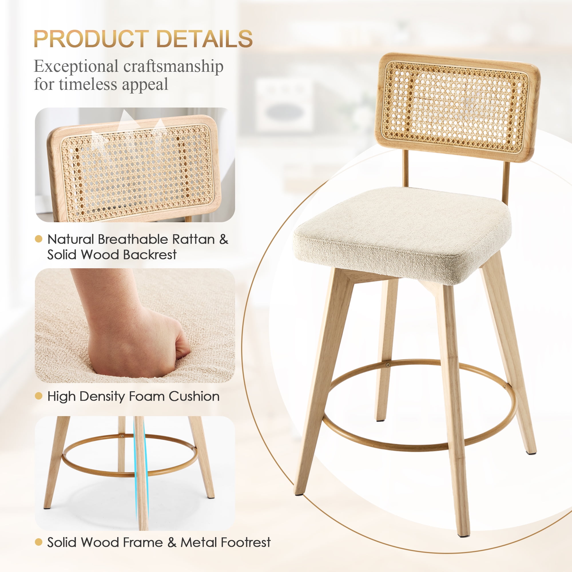Zesthouse 26.2" Swivel Counter Height Bar Stools Set of 2, Upholstered Linen Counter Stools with Rattan Back, Mid Century Barstools with Solid Wood Frame for Kitchen Island, Beige