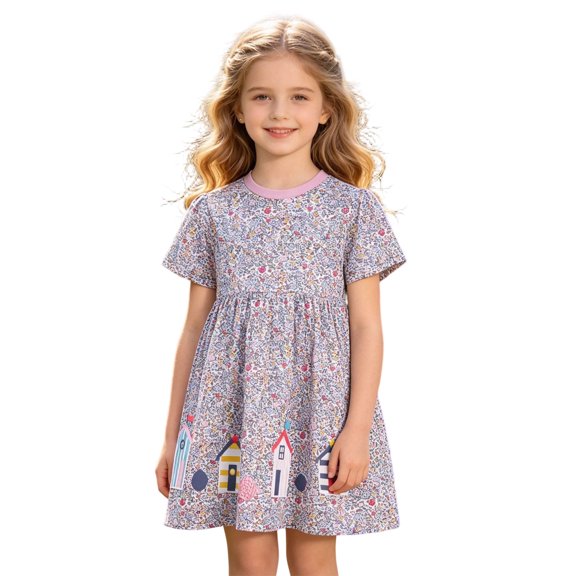 HAYIMI Girls Cartoon Floral A-Line Dress For Kids Lightweight Party Kidswear For Girls Comfortable Everyday Dress With Cute Print O-Neck Relaxed Fit Dresses