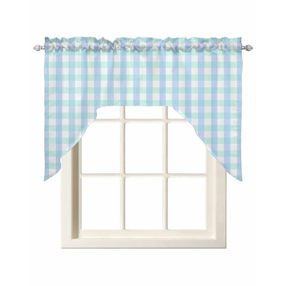 Aqua Blue Green Swag Valances for Windows, Small Curtains Drapes, Checkered Plaid Gingham Lattice Trellis Kitchen Window Curtains Over Sink Window Treatment Valance for Bedroom/Bathroom 56"x36"