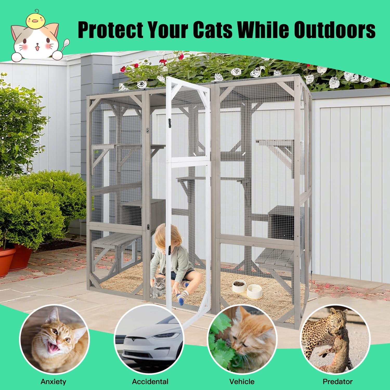 PETSCOSSET 71" Large Outdoor Catio Cat Enclosures Wooden Outside Cat's Patio Cats House