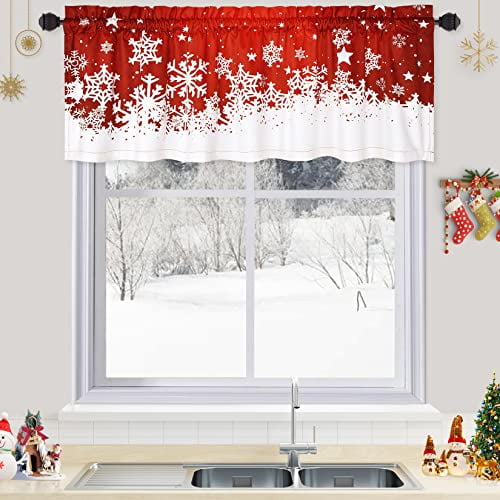 Christmas Kitchen Curtains Valance, Red Velvet Short Curtains for Windows, Floral Snowflake Decoration Cafe Curtains, Thermal Insulated Room Darkening Short Curtain (52" W x 15" L, Set of 1