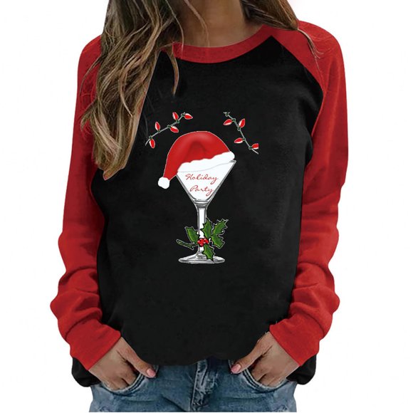 Womens Christmas Shirt Womens Spring Patchwork Christmas Printed Long Sleeves Round Neck Casual Tee Tops