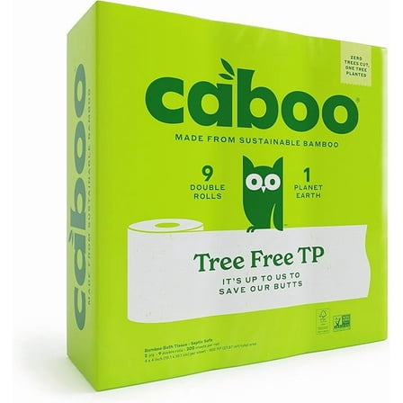 Caboo Tree Free Toilet Paper, Septic Safe Bath Tissue, Quick Dissolving 2 Ply Sheets - 300 Sheets Per Roll, 9 Double Rolls
