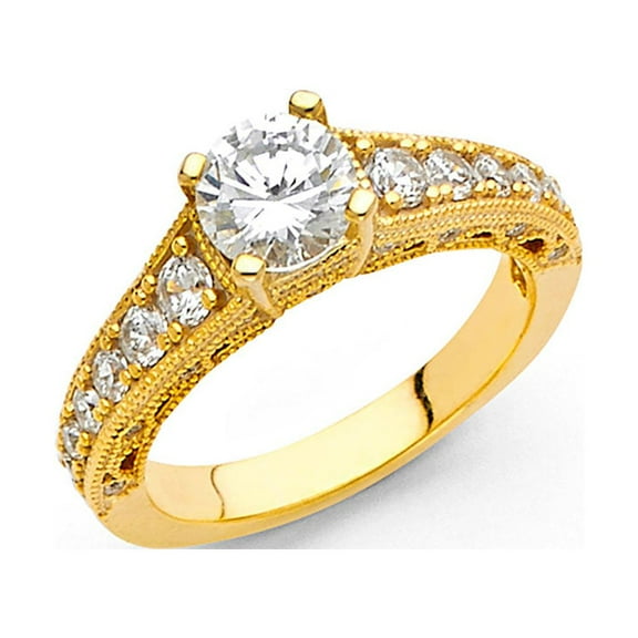 CZ Vintage Style Solitaire Engagement Ring 14k Yellow Gold Anniversary Round CZ Band Side Stone Size 7