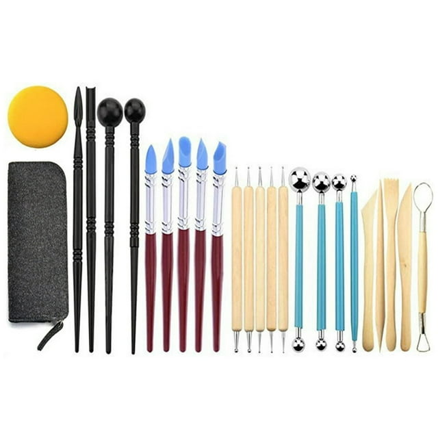 CNKOO Kit d'Outils de Sculpture en Argile Polymère 25 Pcs Outils de Modélisation Argile Outils de Sculpture en Céramique Incluant Outils de Pointillage Double Extrémité Stylet Boule Outils en Argile Stylos en Caoutchouc Éponge