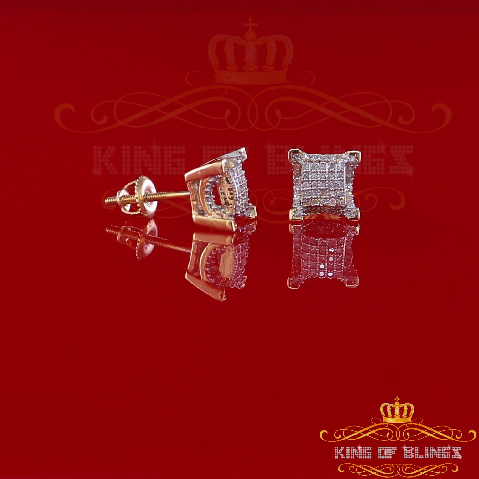 King of Bling's 10K Real Yellow Gold Real Diamond 0.25CT Men's/Women's Square Stud Micro Earring
