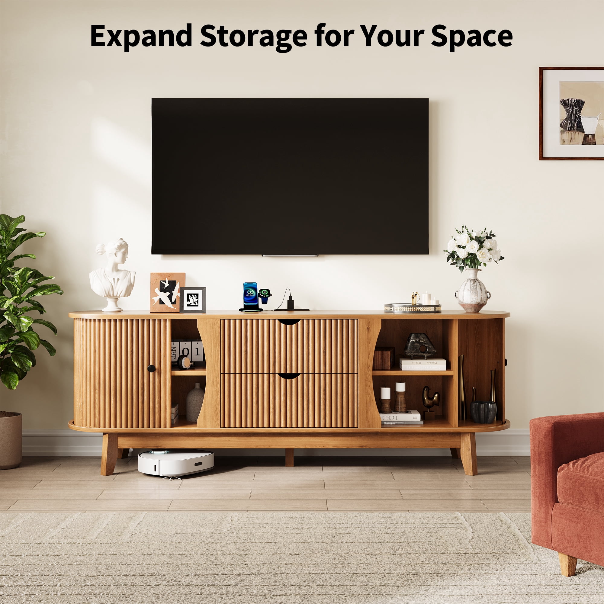 Garvee 63" Fluted TV Stand for TVs Up to 70 Inch, Modern Entertainment Center with Power Outlet, 2 Drawers, Side Cabinets with Adjustable Shelves, Curved Media Console Table for Living Room, Walnut