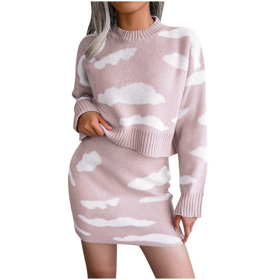Women's Long Sleeve 2 Piece Knit Outfits Cloud Print Crop Top Mini Skirt Set Bodycon Sweater Dress Fall Clothes Set