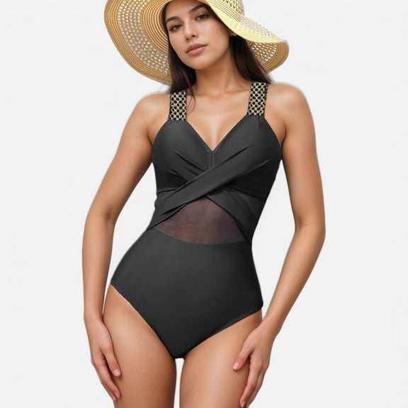 Swim Women's One Piece Swimsuit with Mesh Midsection Crisscross Front and Braided Detail Straps - Small, Black