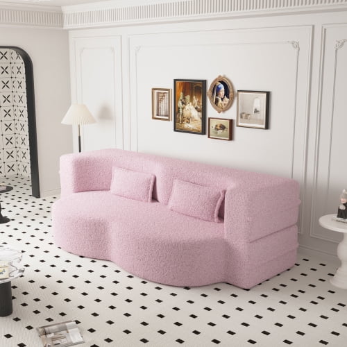 78" Convertible Floor Sofa with 2 Pillows, Sherpa Fleece Foam-Filled Sleeper Bed, Pink