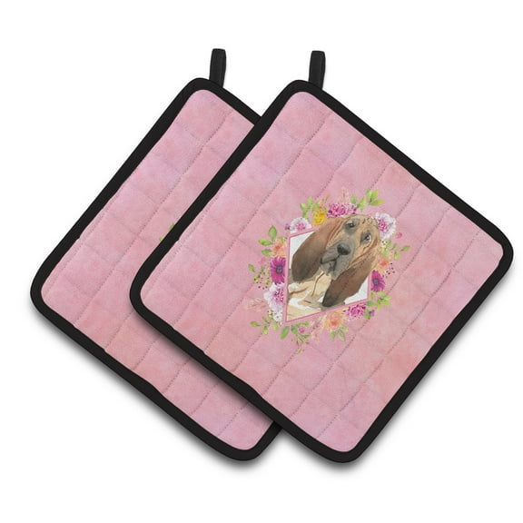 Bloodhound Pink Flowers Pair of Pot Holders