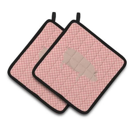 

English Large White Pig Pink Check Pair of Pot Holders - Pink