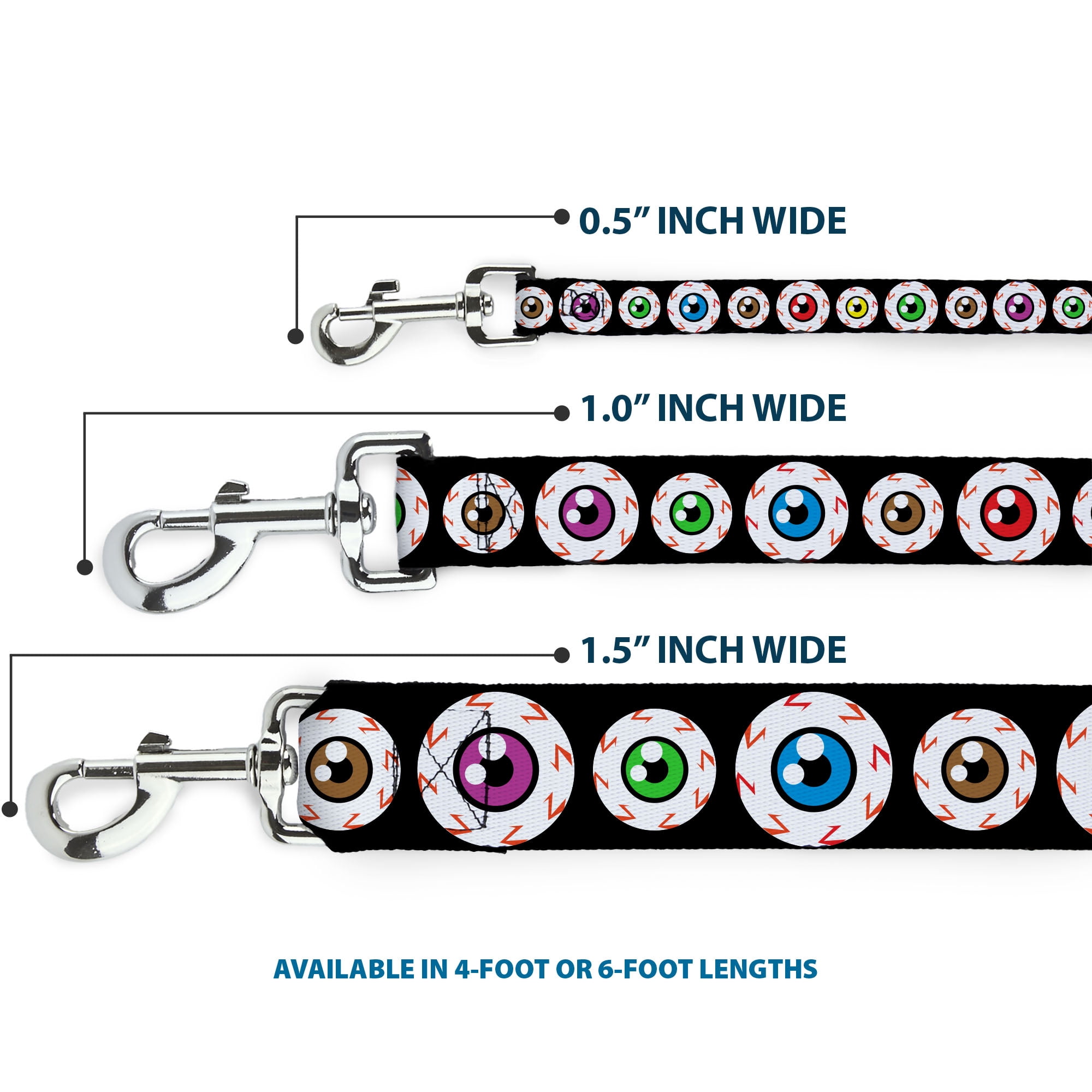 Buckle-Down Pet Leash, Dog Leash, Eyeballs Black Multi Color, 6 Feet Long 1.0 Inch Wide