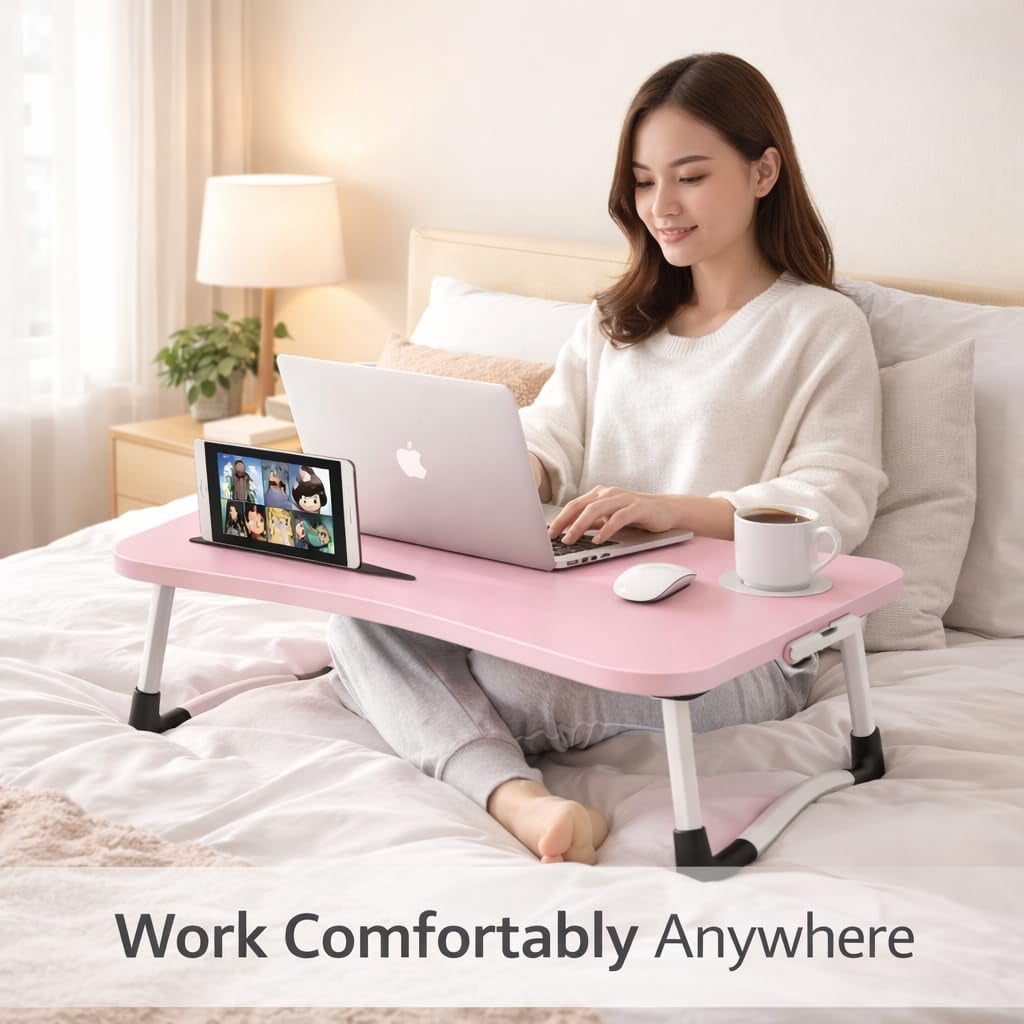 WSA Foldable Lap Desk with Drawer & Cup Holder, 23.6” Portable Laptop Bed Tray Table with Tablet Slot, Non-Slip Laptop Desk for Bed Couch Sofa, Working Writing Eating Breakfast (Pink)