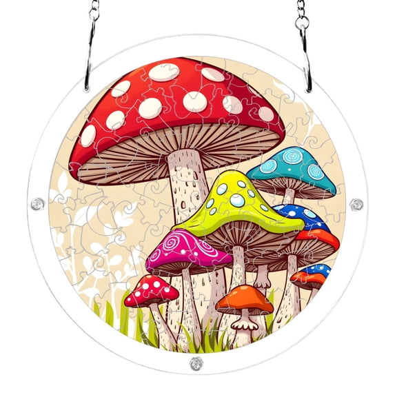Colorful Mushroom on Grass Acrylic Jigsaw Puzzles 83 Pieces Suncatcher for Window Hanging 7.5 Inch Holiday Home Decor