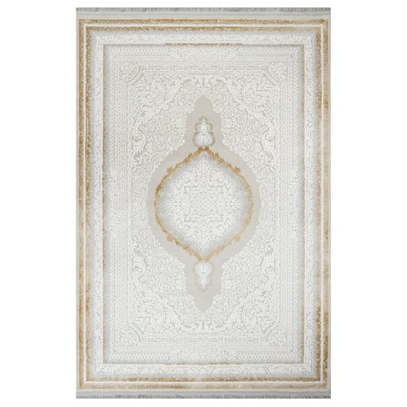 Mukerian Gold Oriental Acrylic Area Rugs for Living Room Jacquard Textured Modern Rugs Soft Geometric Rug for Bedroom Washable Rug Non-Slip Bohemian Carpet Perfect for Dining Room Office Beige