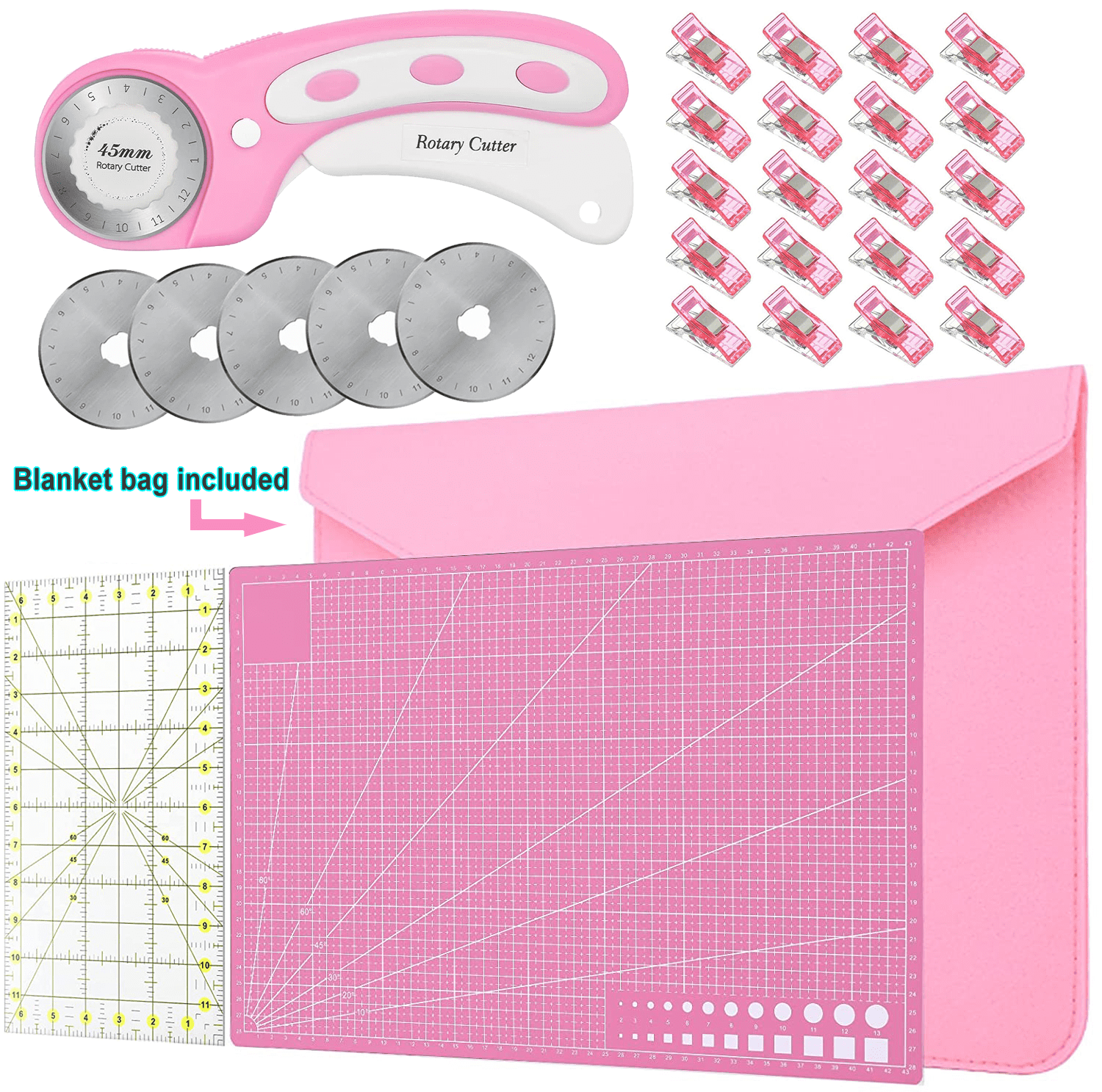 Rotary Cutter Acrylic Ruler 20 Pieces of Sewing Clips for Fabric Quilting Crafting Patch Working Sewing Accessories and Supplies Set with 5 X 45mm Replacement Blades A3 Cutting Mat 