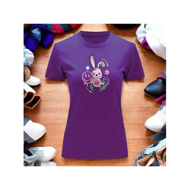 Playera Blusa Con Estampado De Conejo Kawai Con Caras Fantasmas Ropa Para Mujer Color Morado Talla Chica Marca Emil SaEs