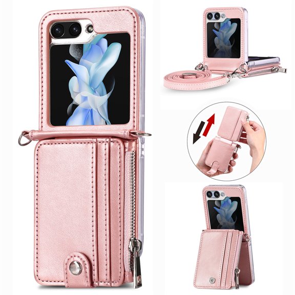 ELEHOLD for Samsung Galaxy Z Flip 6 Case, Leather Flip Detachable Card Holder Adjustable Cross-Body Strap Hinge Protection Shockproof Full Body Protective Case for Samsung Galaxy Z Flip 6,Rosegold