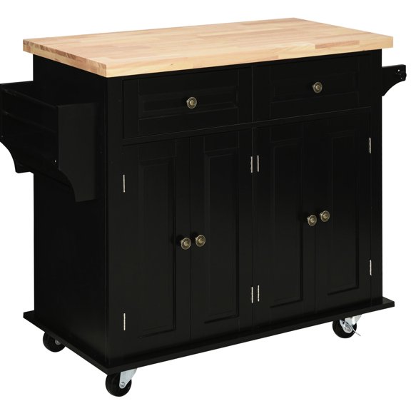 Black Kitchen Island With Adjustable Shelves, Has Rubberwood Surface, Spice Rack, Towel Rack And Drawers Cart Wheels - Black. Save Space 2 Drawers, Cabinets & . Countertop For Food Prep. Shelves.