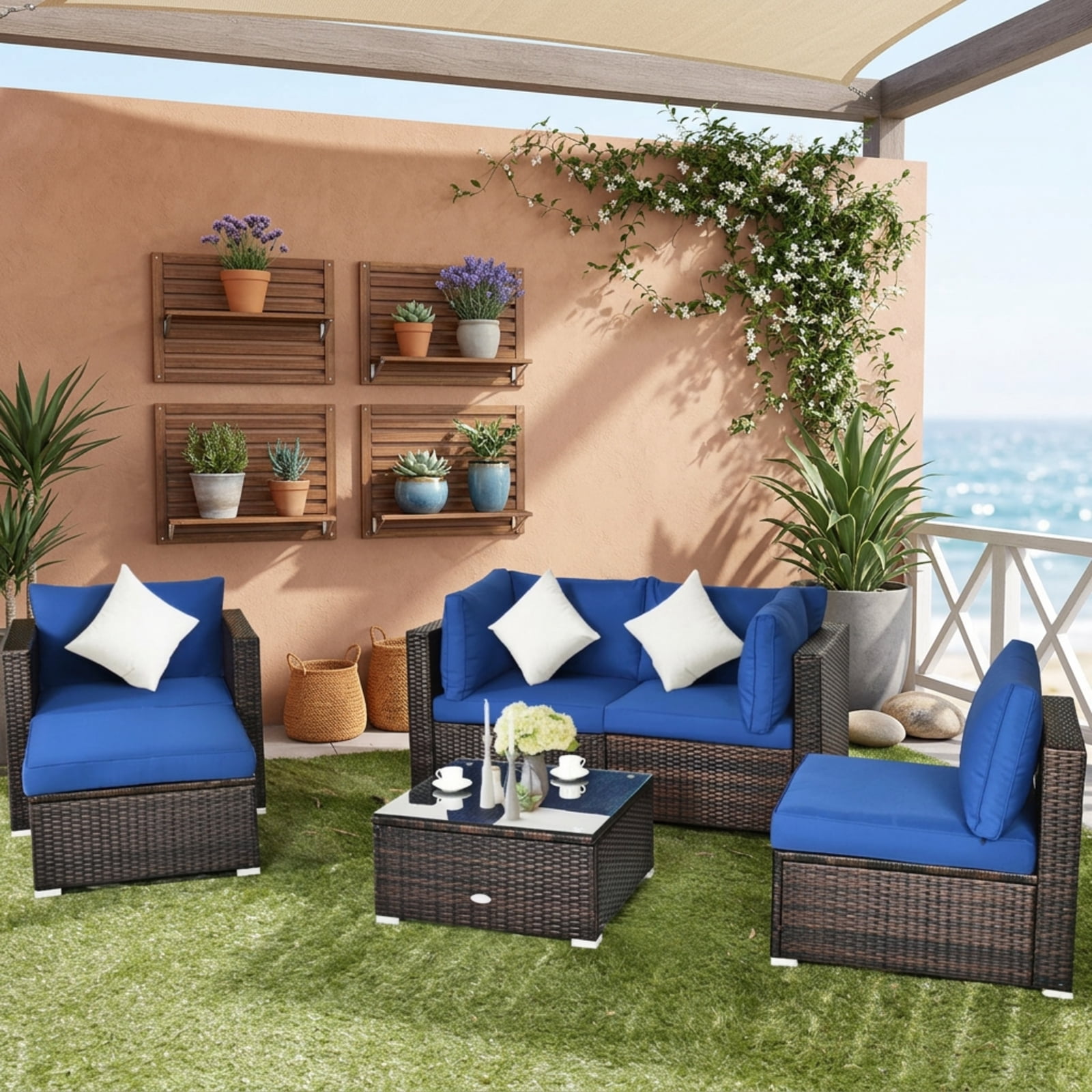 Furnibear 6 Piece Patio Rattan Furniture Set Outdoor Sectional Sofa Conversation Set with Cushions and Glass Table for Backyard Garden, Navy