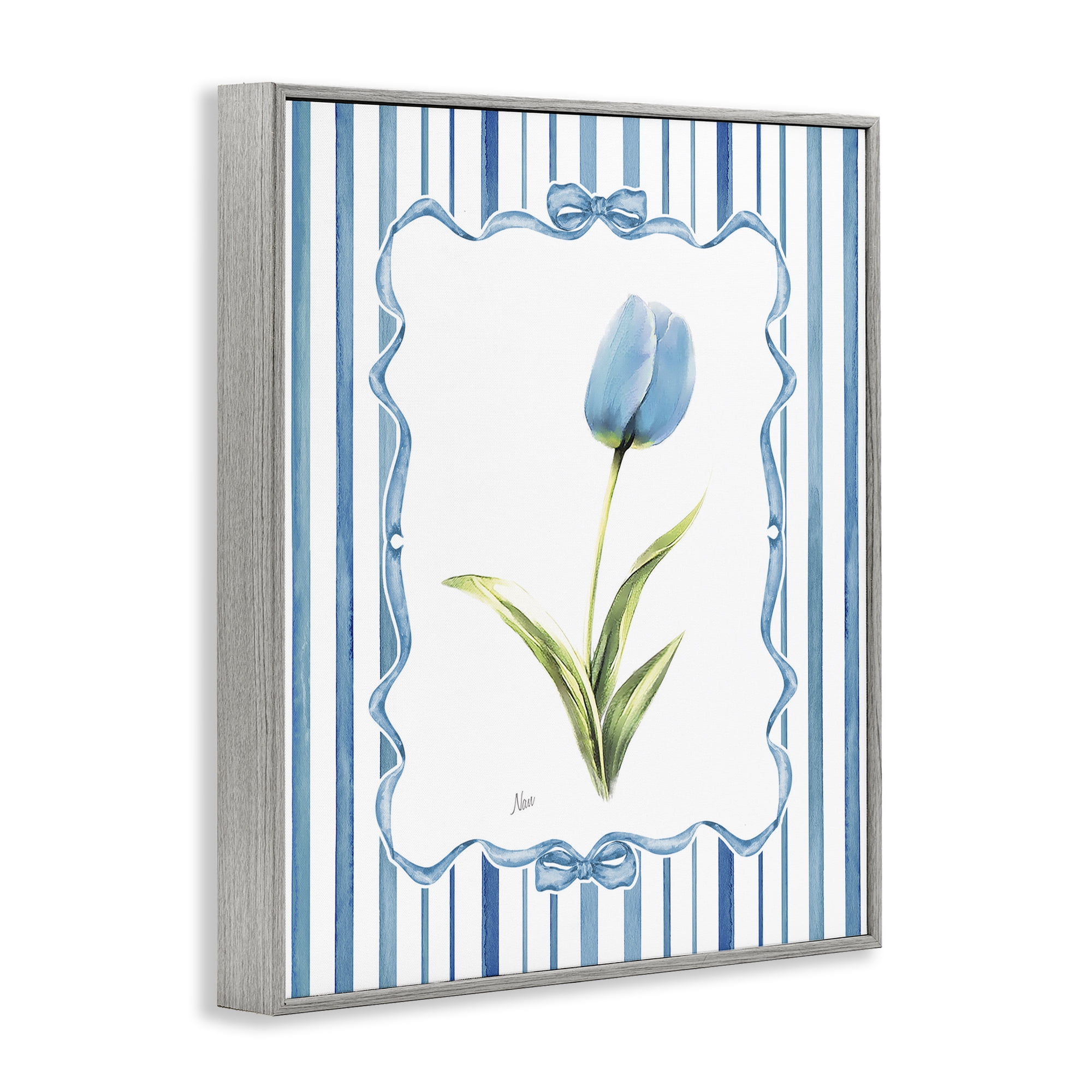 Stupell Industries Blue Tulip & Ribbon Border Gray Framed Giclee Art, design by Nan