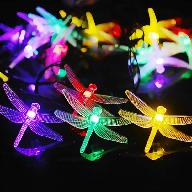 Guirnalda de 50 luces LED solares de libélula, lámpara decorativa solar multicolor con libélula intermitente para exteriores con 8 modos de luz, iluminación impermeable para jardín, patio y Navidad.