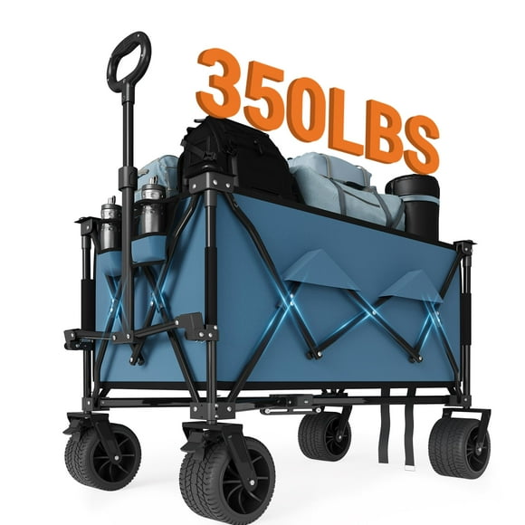 GloryStar All Terrain 35" Foldable Beach Wagon, 280L Extra Large Heavy Duty Collapsible Wagon 350lbs for Camping and Garden, Extended Design with Cup Holders for Sand