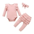 thumbnail image 1 of dmqupv Baby Girl Outfit Set Summer Baby Girls Three Piece Ribbed Ruffle Long Sleeve Bodysuit And Pants Set With Bow Pink,Size for 3-6 Months, 1 of 5