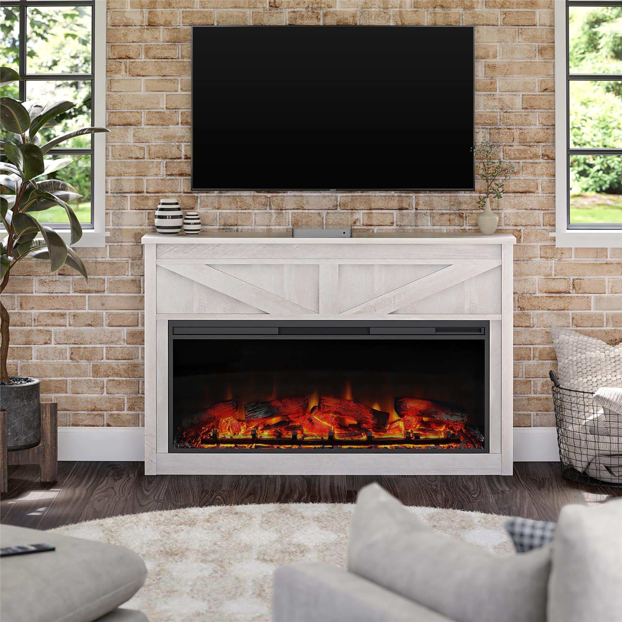 Woven Paths Scandi Farmhouse Wide Modern Farmhouse Mantel with Electric Fireplace, Ivory Oak