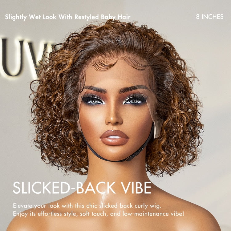 LUVME 8" Brown Highlight Short Cut Slicked Back Deep Curly Ear-to-ear Wide T Lace Wig for Women