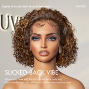 LUVME 8 Brown Highlight Short Cut Slicked Back Deep Curly Ear-to-ear Wide T Lace Wig for Women