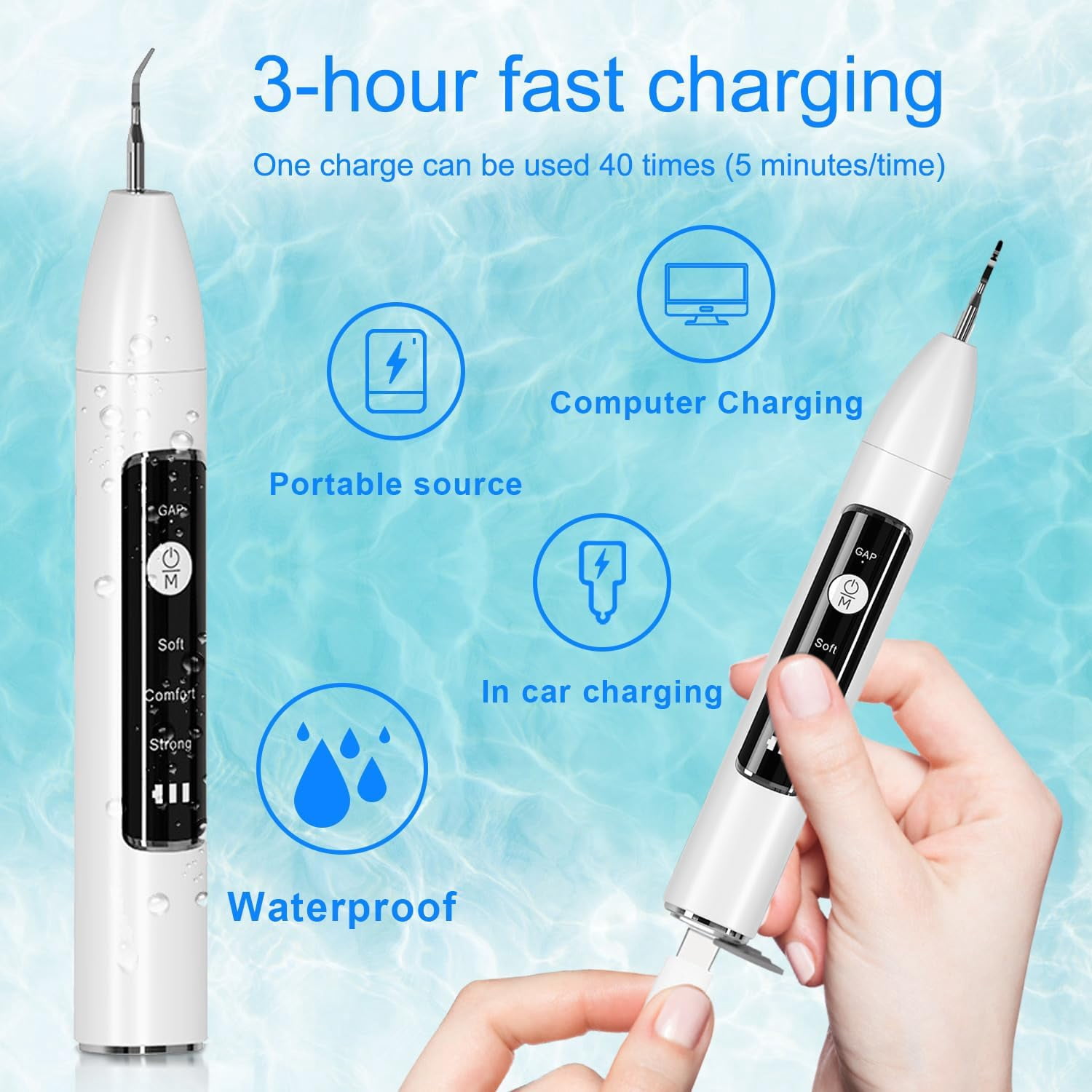 GKcity Plaque Remover for Teeth, Teeth Cleaning Kit, Ultrasonic Electric Teeth Cleaner with LED Light, 3 Adjustable Modes, 2 Repalceable Heads, Calculus Tartar Plaque Remover for Human Teeth